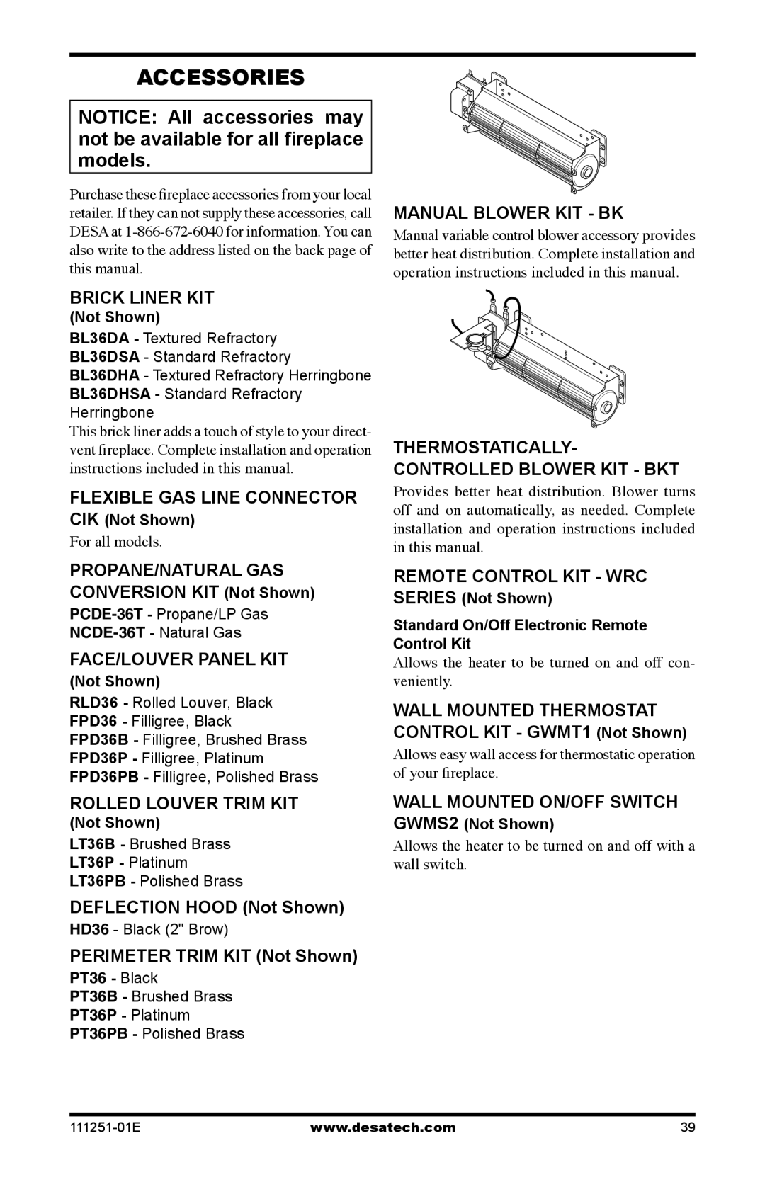 Desa (V)T36EPA Brick Liner kit, Flexible gas Line connector, Propane/natural gas conversion kit Not Shown 