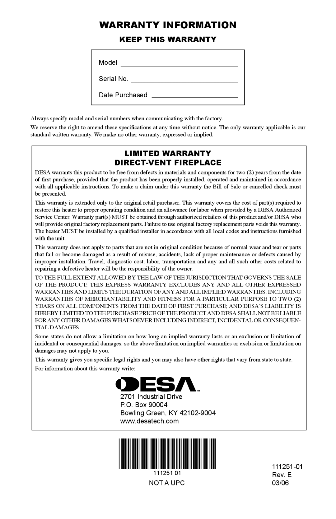 Desa (V)T36EPA installation manual Warranty Information, Keep This Warranty, Limited Warranty Direct-Ventfireplace 