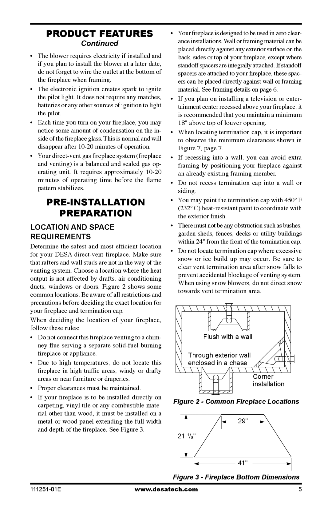 Desa (V)T36EPA Product Features, Pre-Installation Preparation, Continued, Location and space requirements 