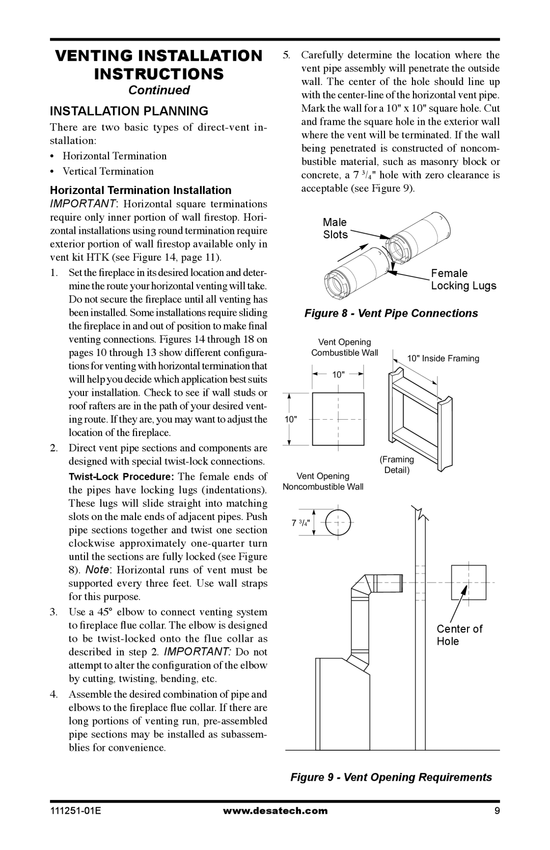 Desa (V)T36EPA Venting Installation instructions, Continued, Installation Planning, Vent Pipe Connections 