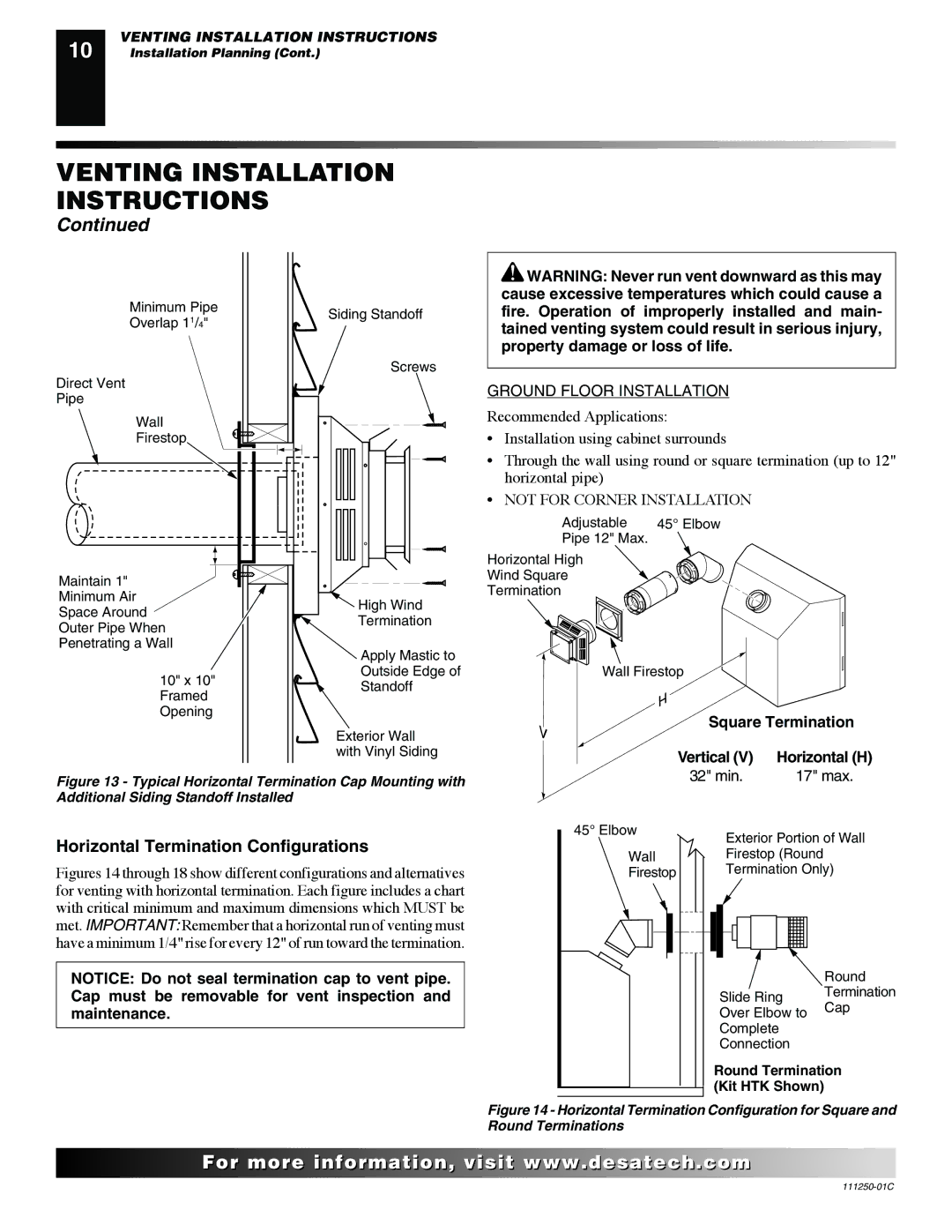 Desa (V)T36NA SERIES installation manual Horizontal Termination Configurations, Ground Floor Installation 