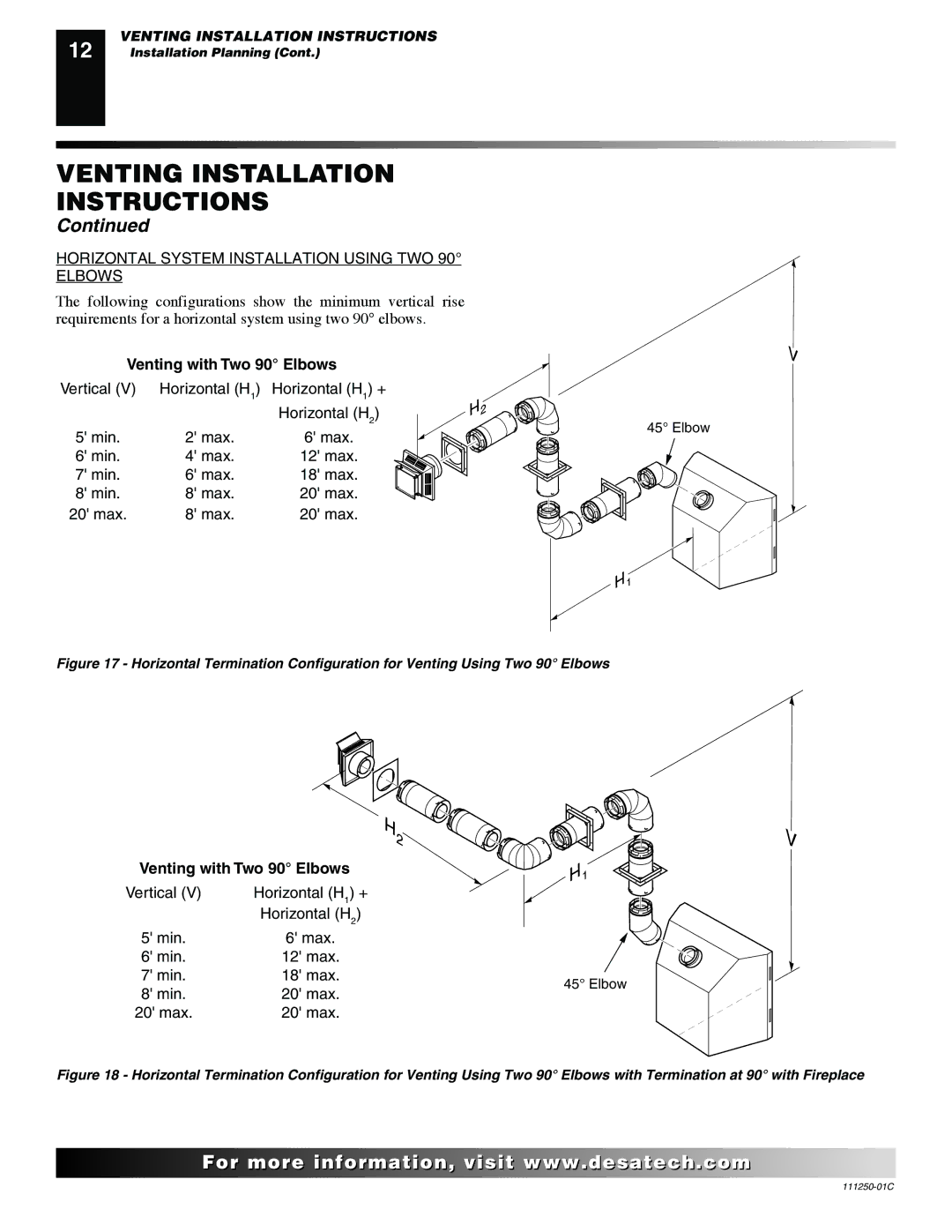 Desa (V)T36NA SERIES installation manual Venting with Two 90 Elbows 