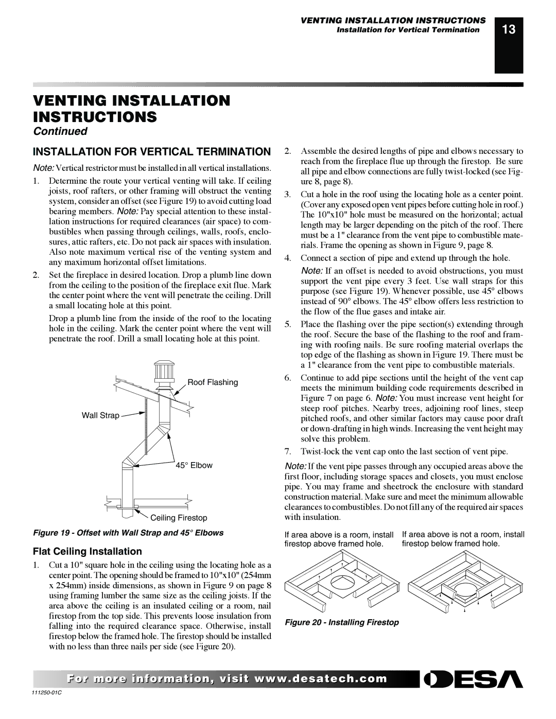 Desa (V)T36NA SERIES installation manual Installation for Vertical Termination, Flat Ceiling Installation 