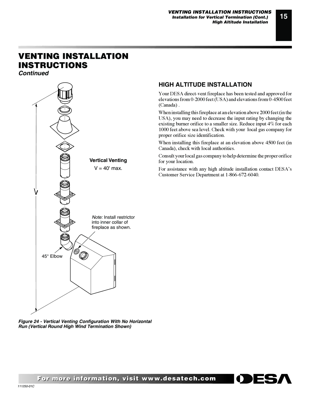 Desa (V)T36NA SERIES installation manual High Altitude Installation, Vertical Venting 