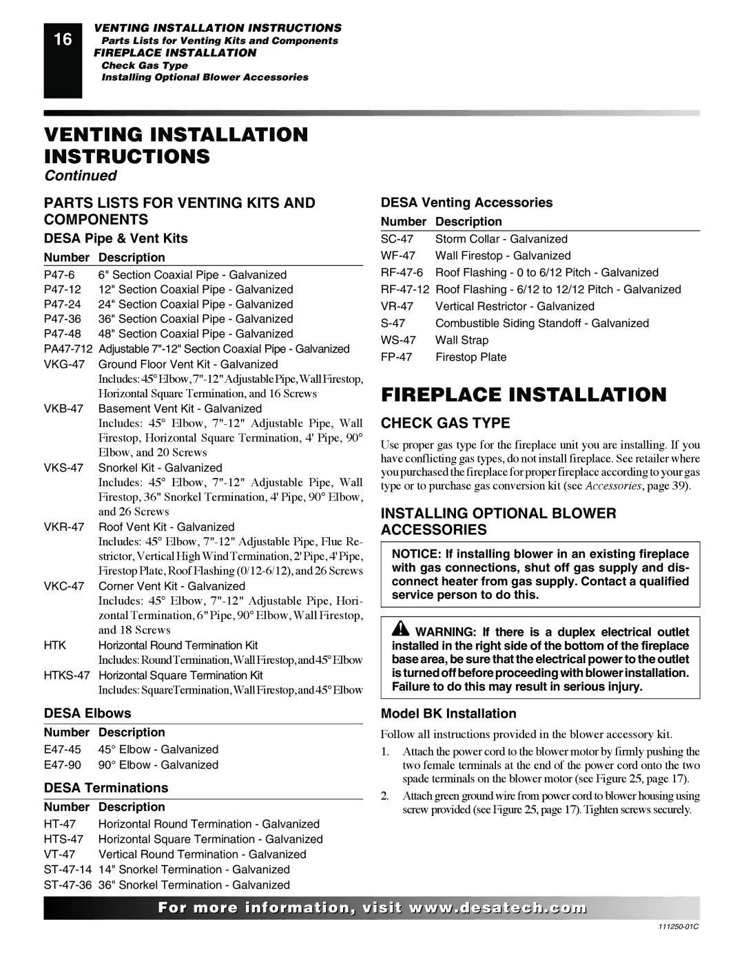 Desa (V)T36NA SERIES Fireplace Installation, Parts Lists for Venting Kits and Components, Check GAS Type 