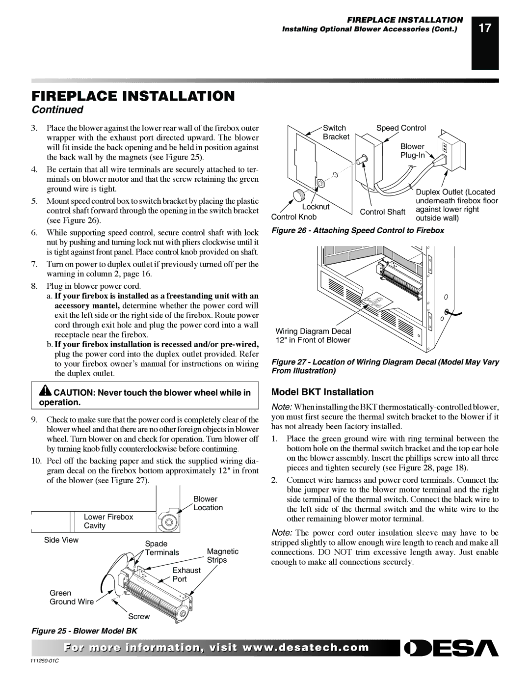 Desa (V)T36NA SERIES installation manual Model BKT Installation, Attaching Speed Control to Firebox 