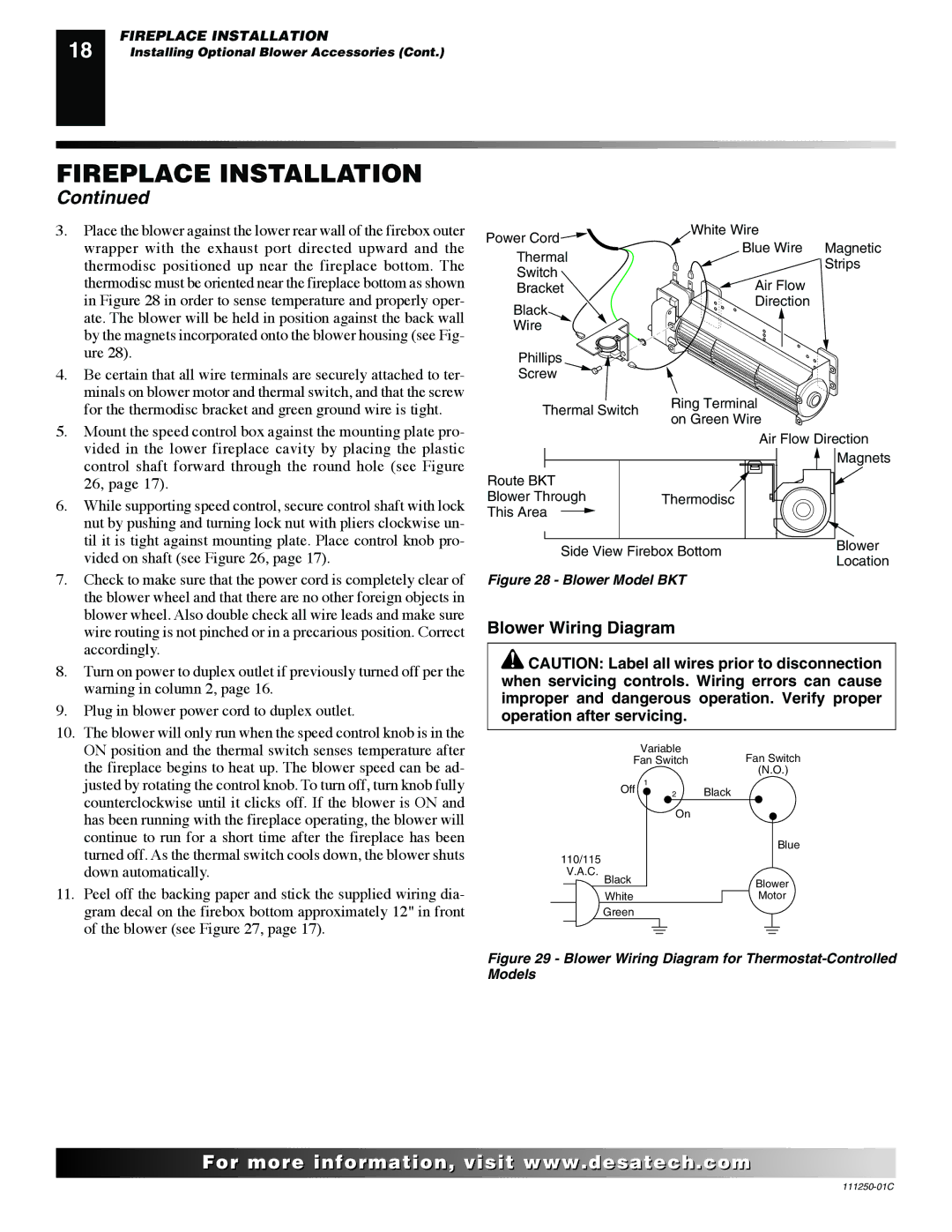 Desa (V)T36NA SERIES installation manual Blower Wiring Diagram, Blower Model BKT 