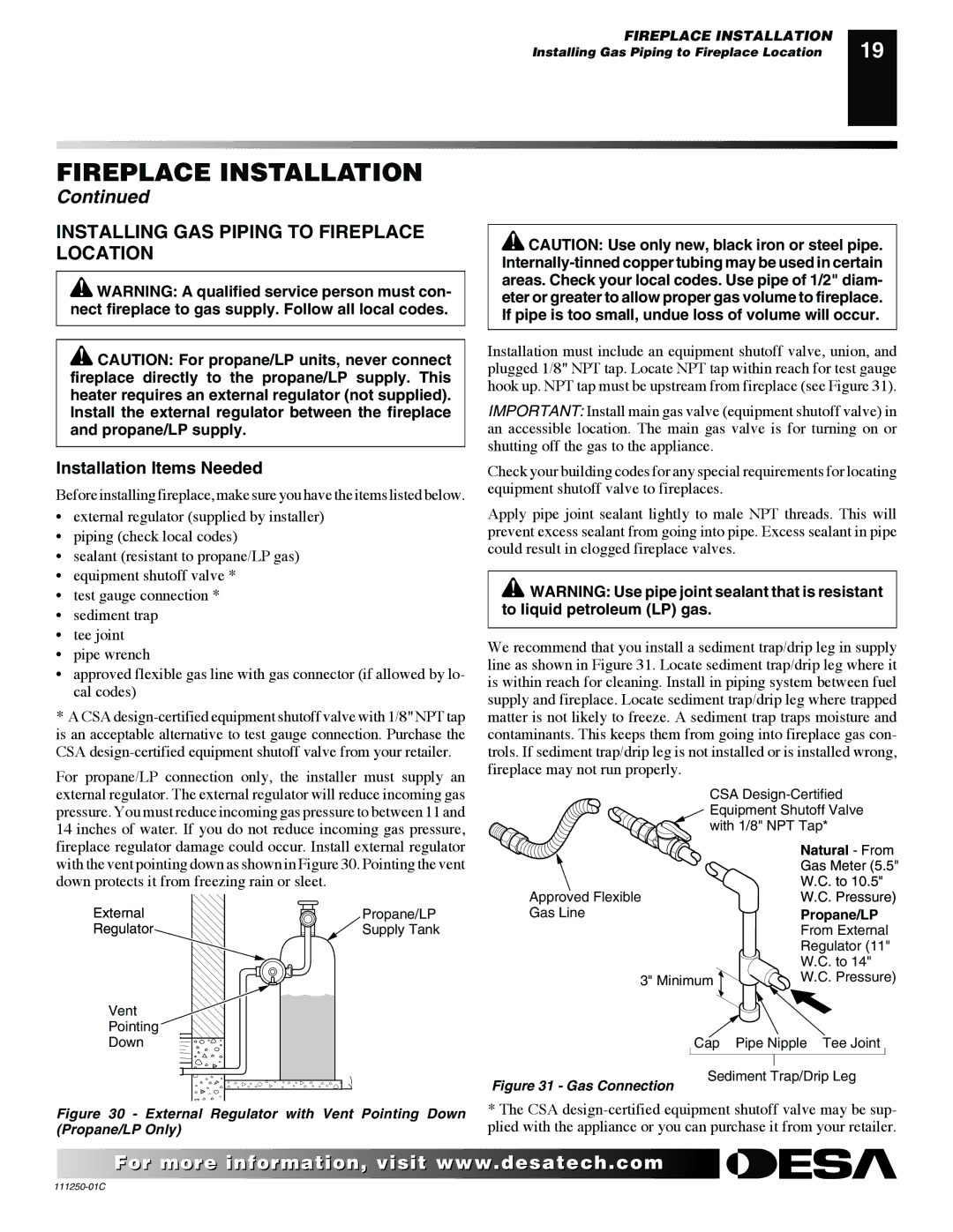 Desa (V)T36NA SERIES installation manual Installing GAS Piping to Fireplace Location, Installation Items Needed 