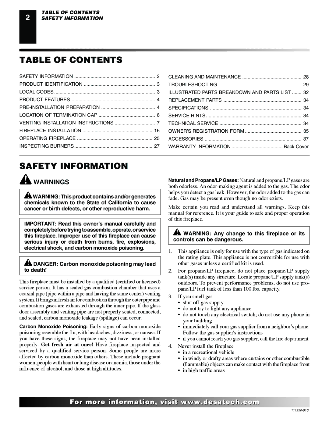 Desa (V)T36NA SERIES installation manual Table of Contents, Safety Information 