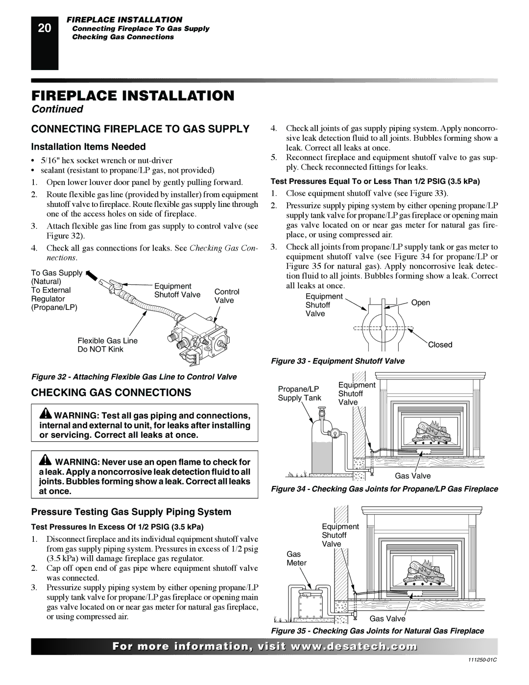 Desa (V)T36NA SERIES installation manual Connecting Fireplace to GAS Supply, Checking GAS Connections 