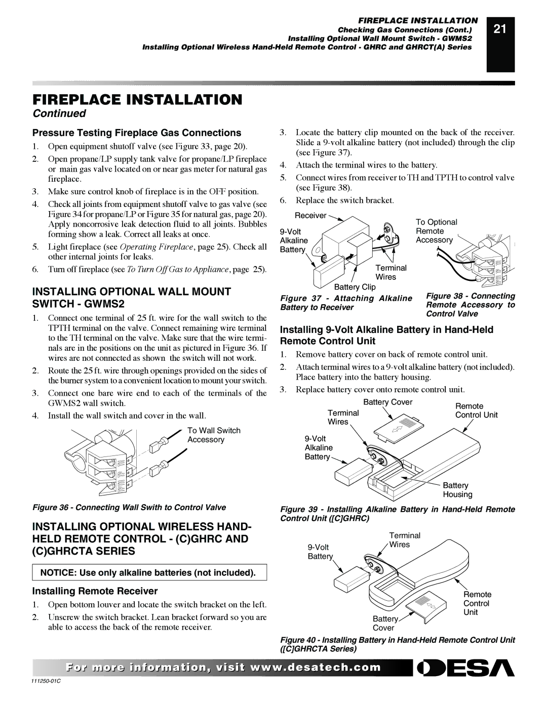 Desa (V)T36NA SERIES Installing Optional Wall Mount Switch GWMS2, Pressure Testing Fireplace Gas Connections 