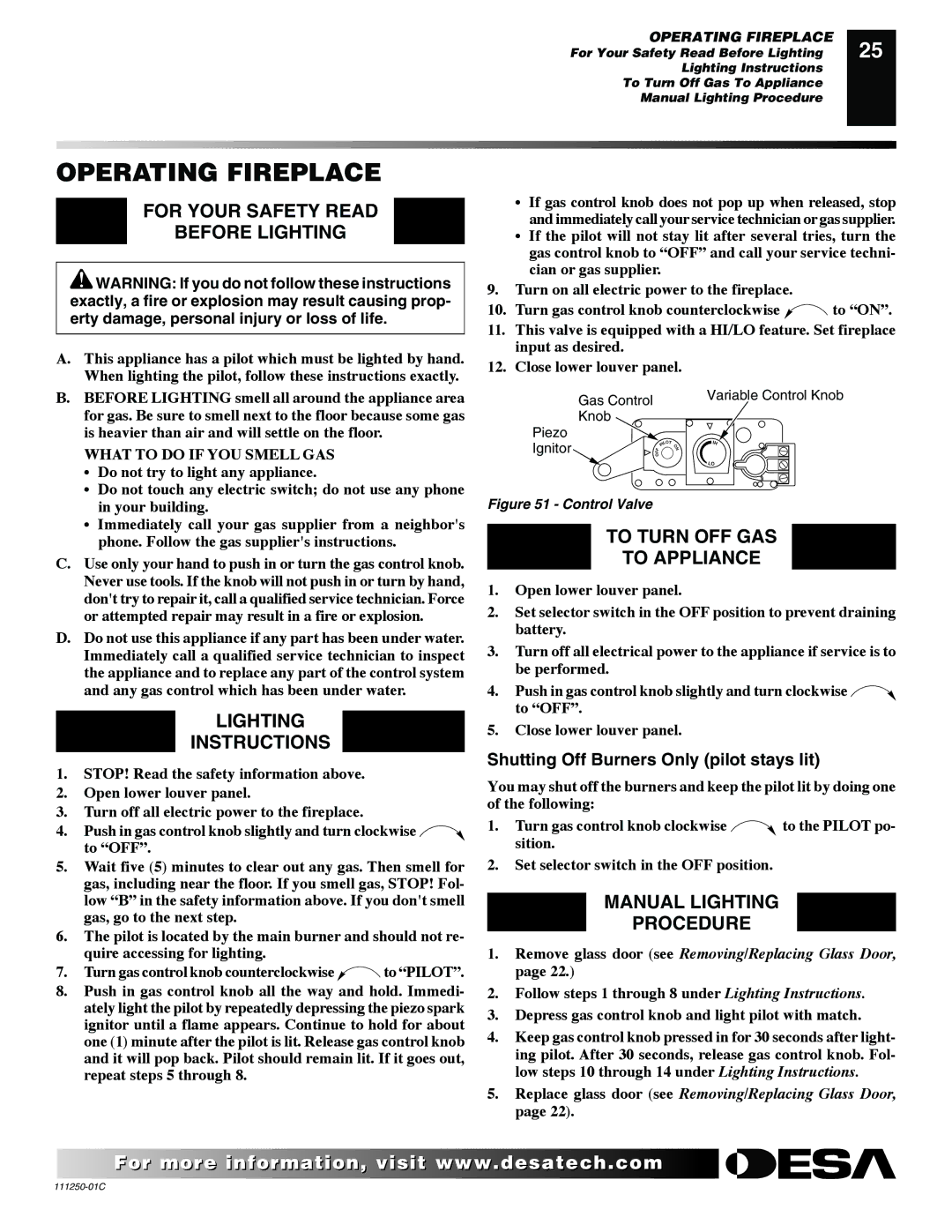 Desa (V)T36NA SERIES installation manual Operating Fireplace, For Your Safety Read Before Lighting, Lighting Instructions 