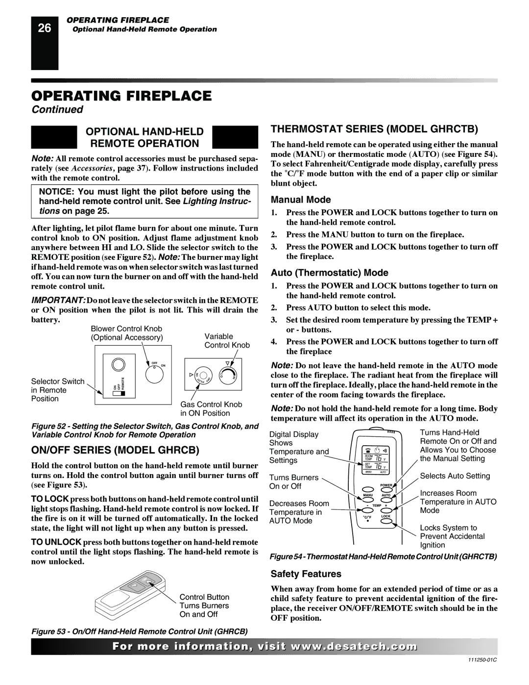 Desa (V)T36NA SERIES Optional HAND-HELD Remote Operation, Thermostat Series Model Ghrctb, ON/OFF Series Model Ghrcb 