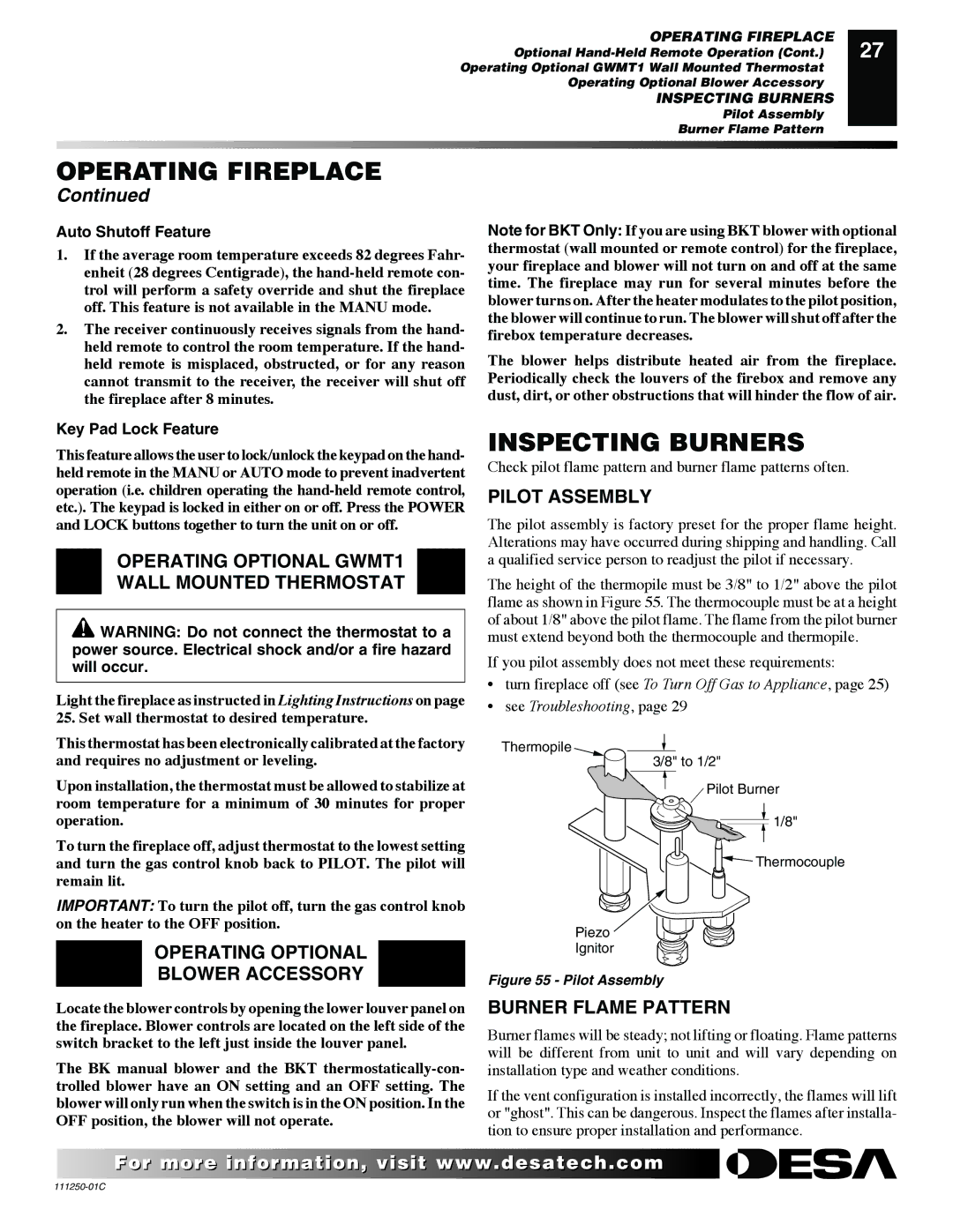 Desa (V)T36NA SERIES Inspecting Burners, Operating Optional GWMT1 Wall Mounted Thermostat, Pilot Assembly 