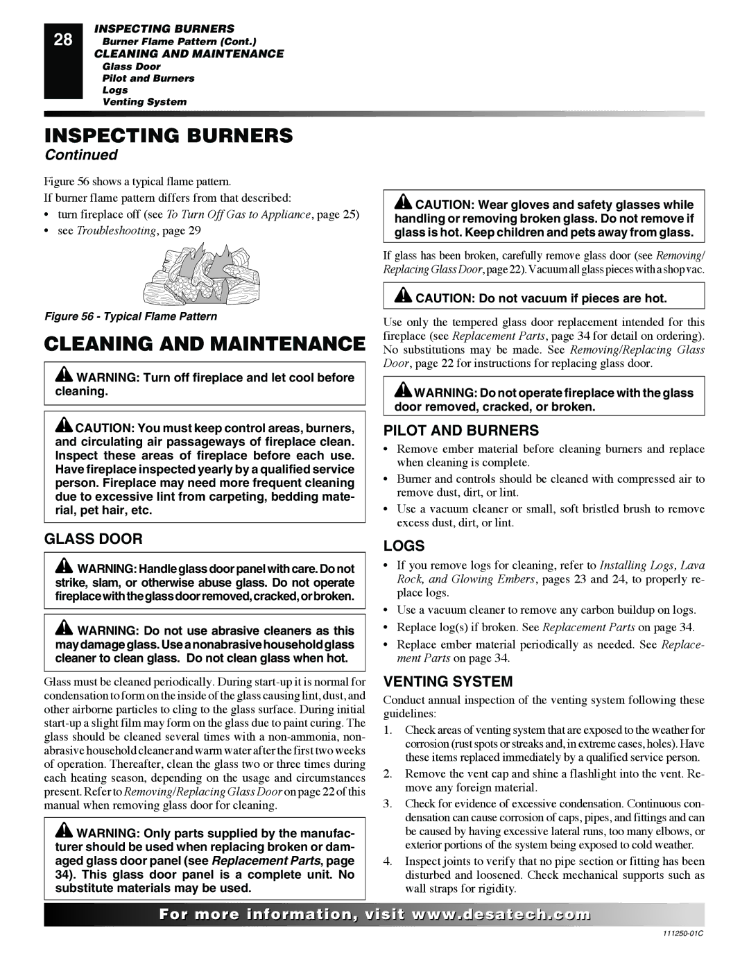 Desa (V)T36NA SERIES installation manual Cleaning and Maintenance, Glass Door, Pilot and Burners, Logs, Venting System 