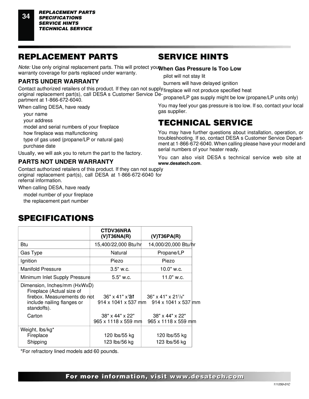 Desa (V)T36NA SERIES Replacement Parts Service Hints, Technical Service, Specifications, Parts Under Warranty 