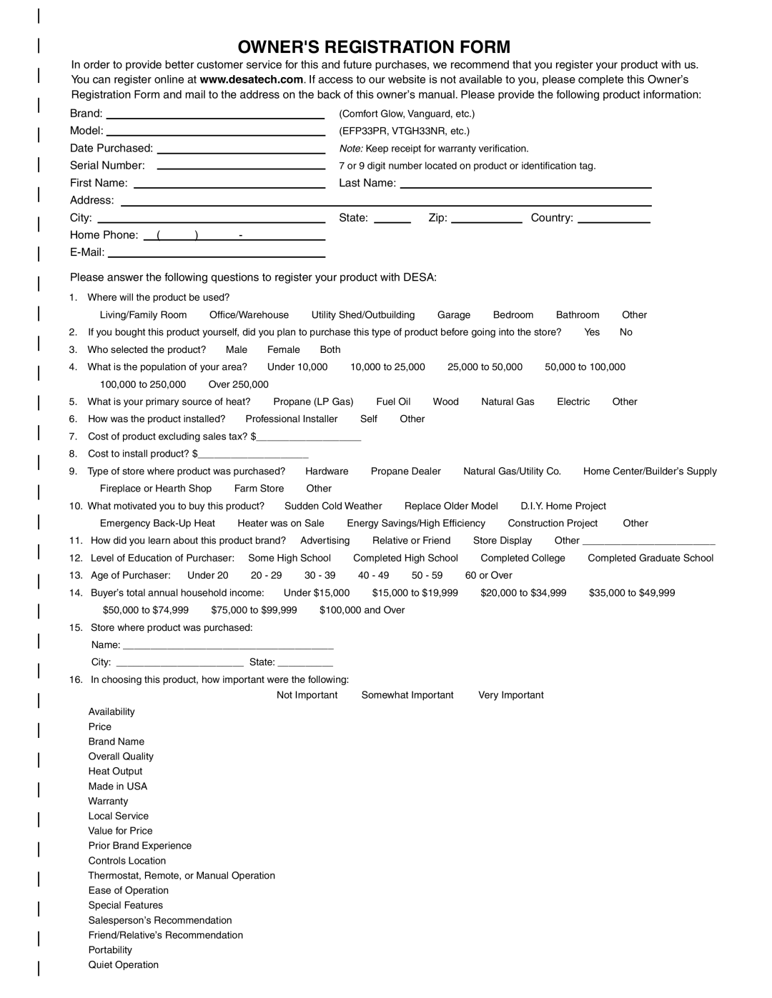 Desa (V)T36NA SERIES installation manual Owners Registration Form 