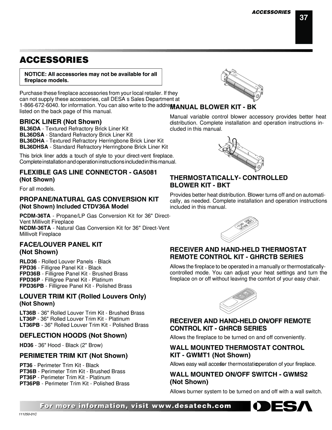 Desa (V)T36NA SERIES Accessories, Flexible GAS Line Connector GA5081, PROPANE/NATURAL GAS Conversion KIT 