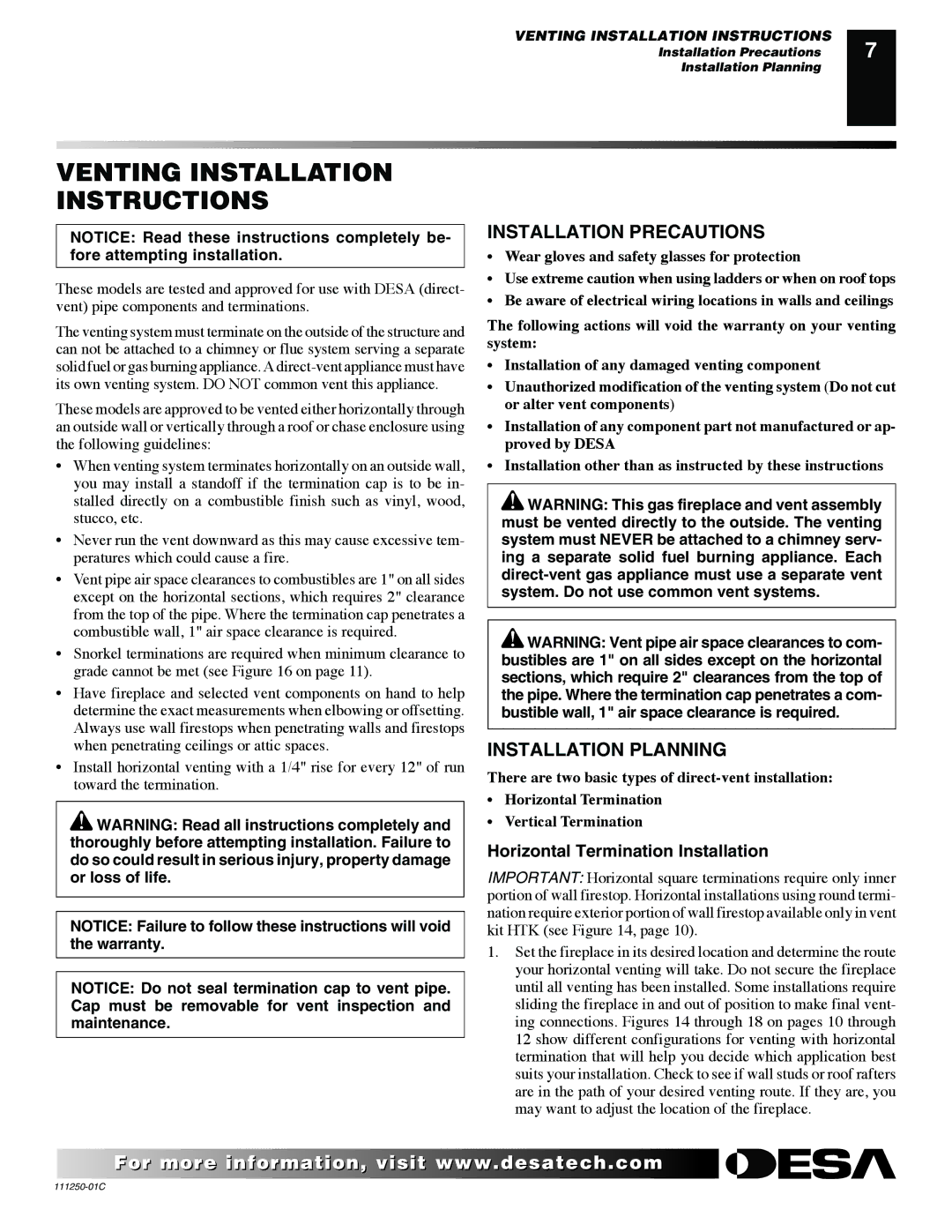 Desa (V)T36NA SERIES installation manual Venting Installation Instructions, Installation Precautions, Installation Planning 