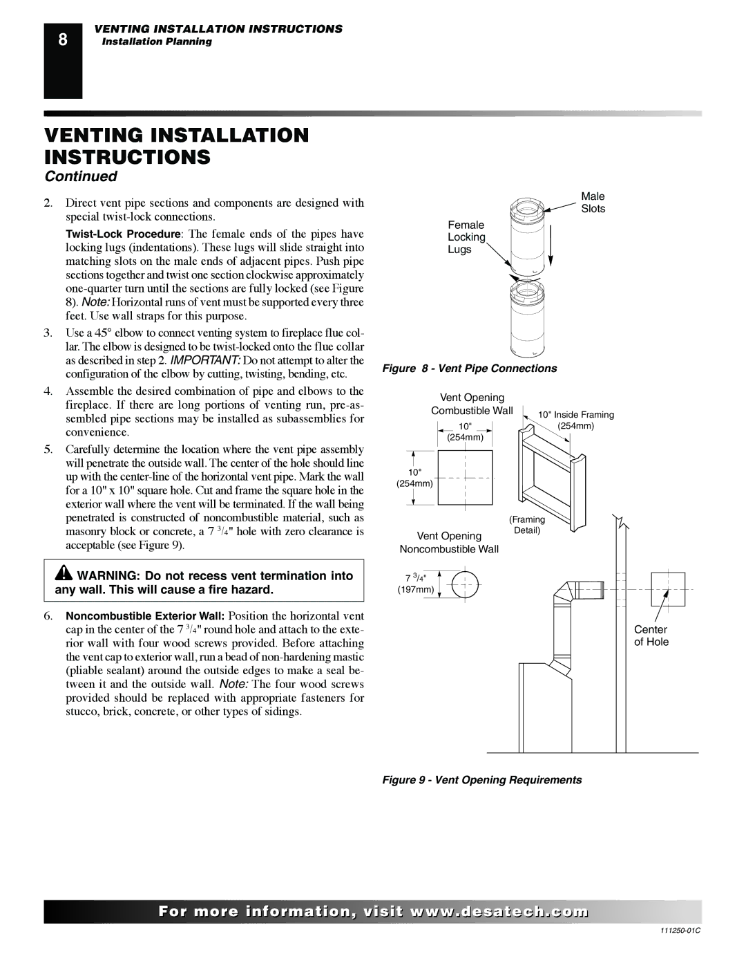 Desa (V)T36NA SERIES installation manual Vent Pipe Connections 