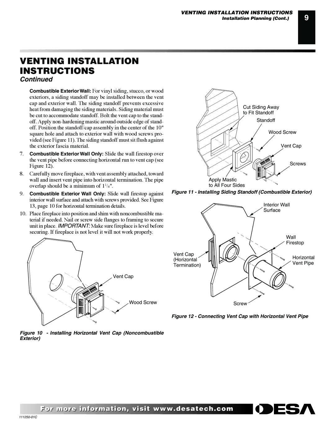 Desa (V)T36NA SERIES installation manual Installing Horizontal Vent Cap Noncombustible Exterior 