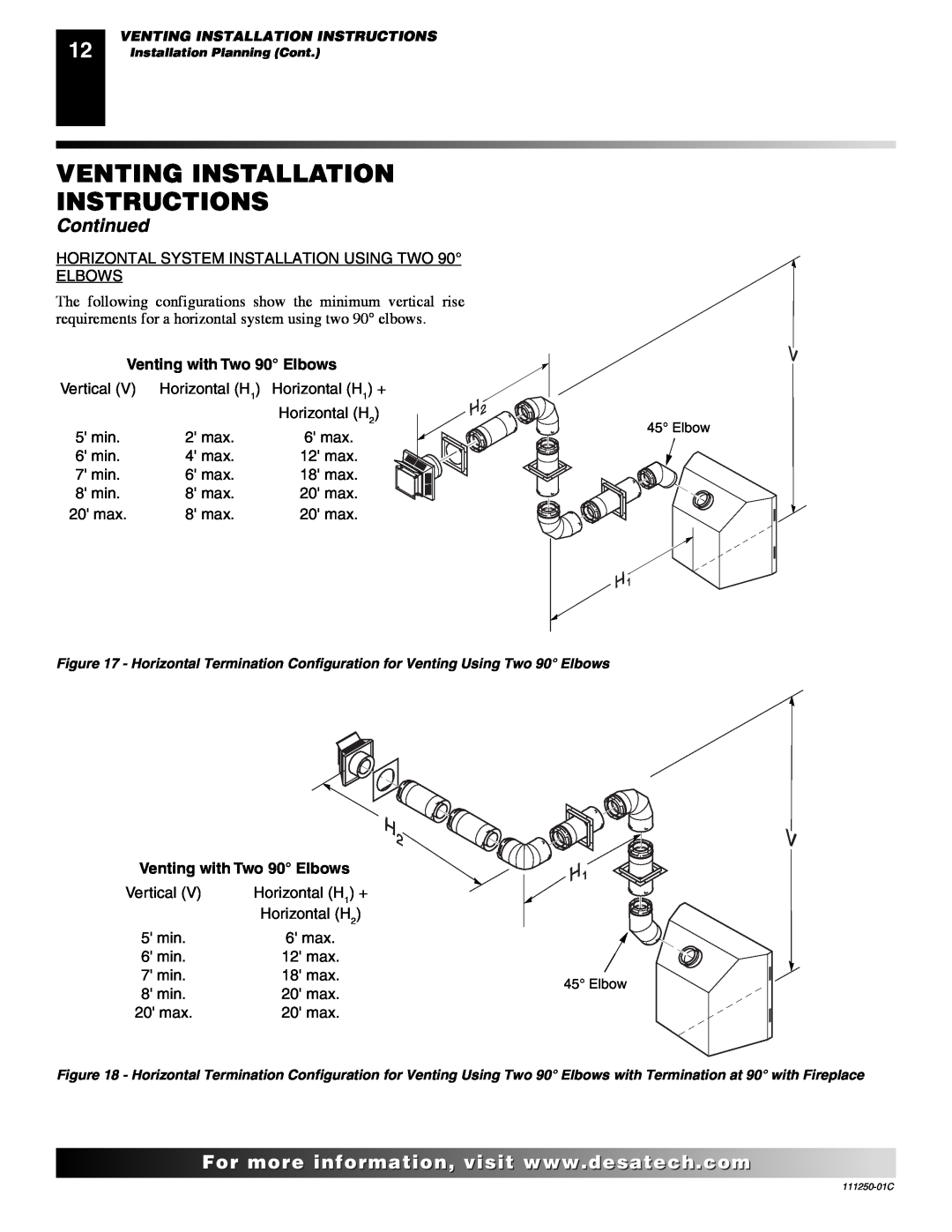 Desa (V)T36NA SERIES installation manual Venting Installation Instructions, Continued, Venting with Two 90 Elbows 