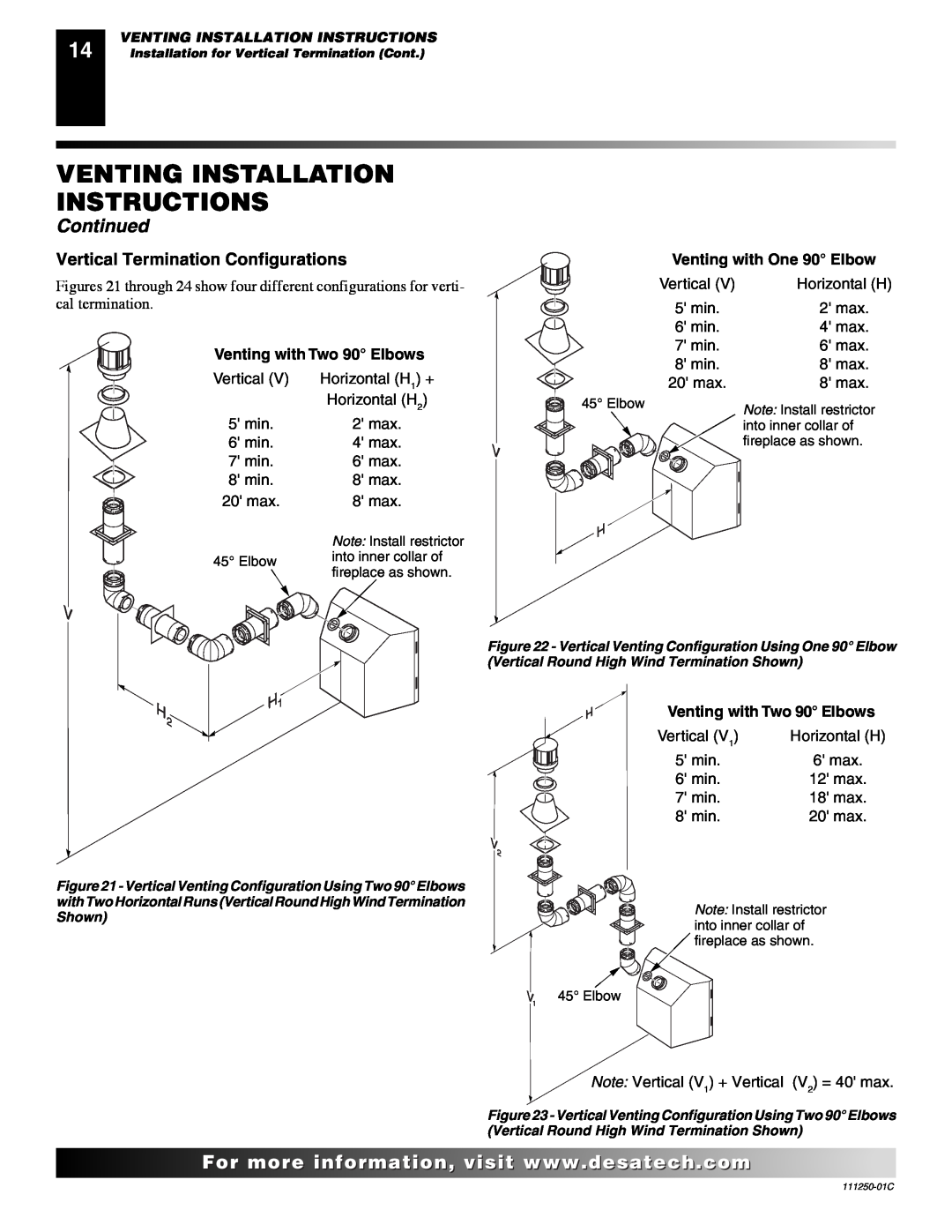 Desa (V)T36NA SERIES installation manual Venting Installation Instructions, Continued, Vertical Termination Configurations 