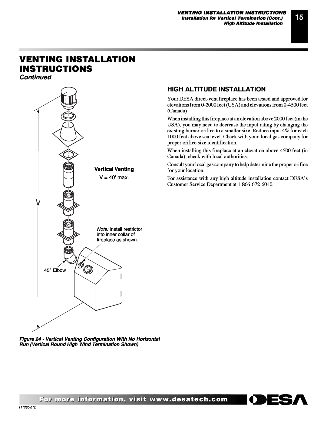 Desa (V)T36NA SERIES High Altitude Installation, Venting Installation Instructions, Continued, Vertical Venting 