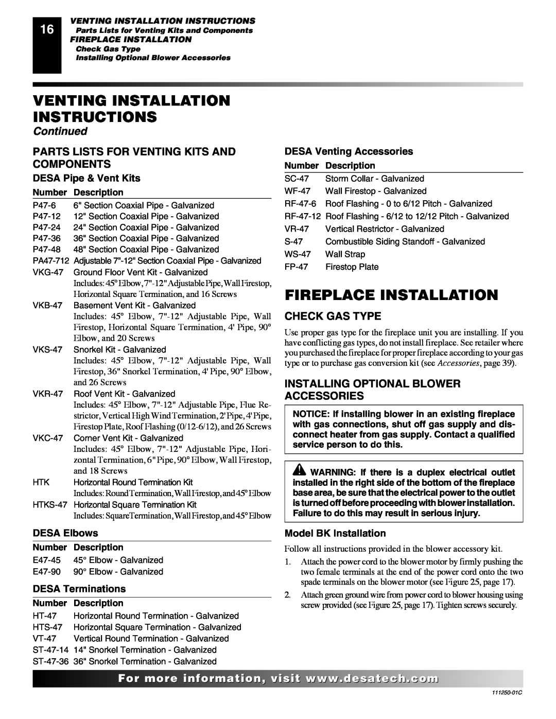 Desa (V)T36NA SERIES Fireplace Installation, Parts Lists For Venting Kits And Components, Check Gas Type, Continued 