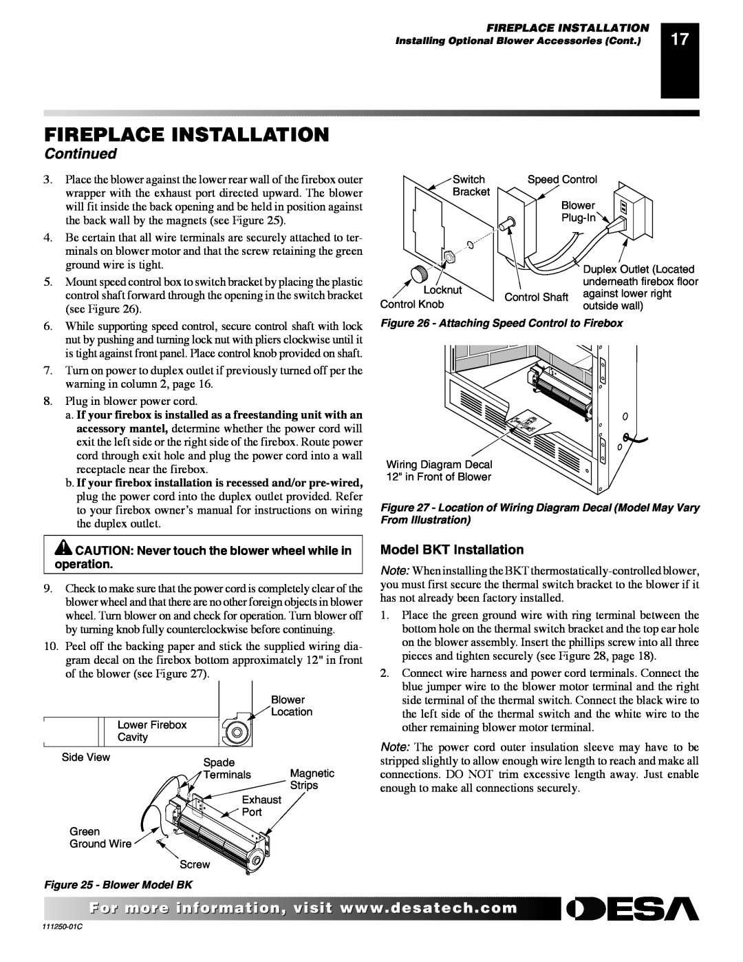 Desa (V)T36NA SERIES installation manual Fireplace Installation, Continued, Model BKT Installation 
