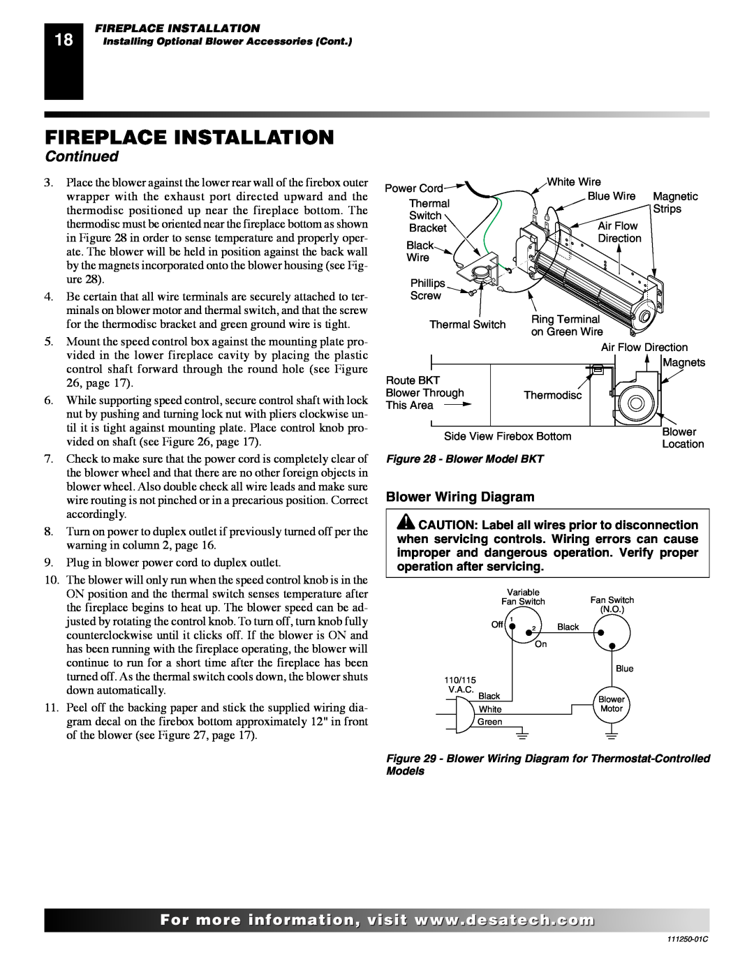 Desa (V)T36NA SERIES installation manual Fireplace Installation, Continued, Blower Wiring Diagram 