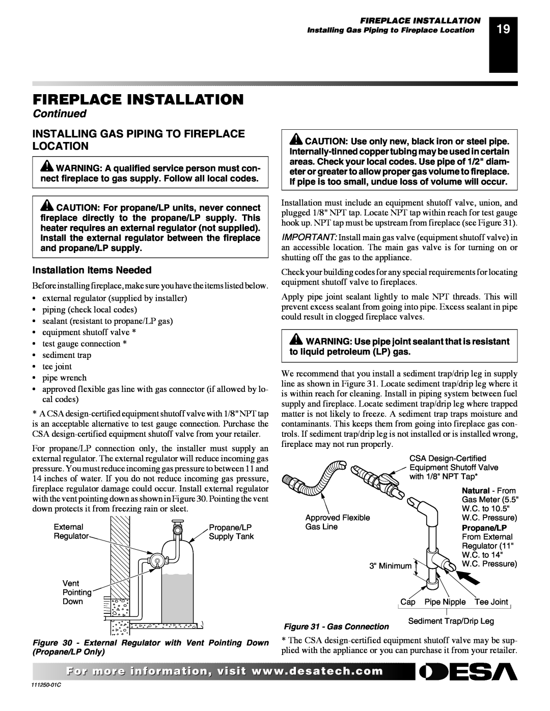 Desa (V)T36NA SERIES installation manual Installing Gas Piping To Fireplace Location, Fireplace Installation, Continued 