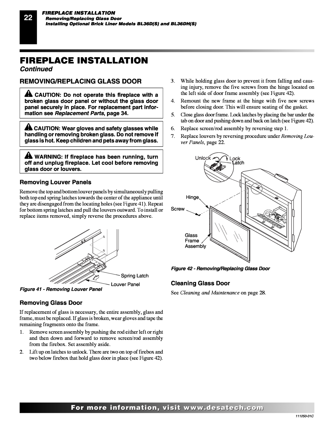 Desa (V)T36NA SERIES installation manual Removing/Replacing Glass Door, Fireplace Installation, Continued 