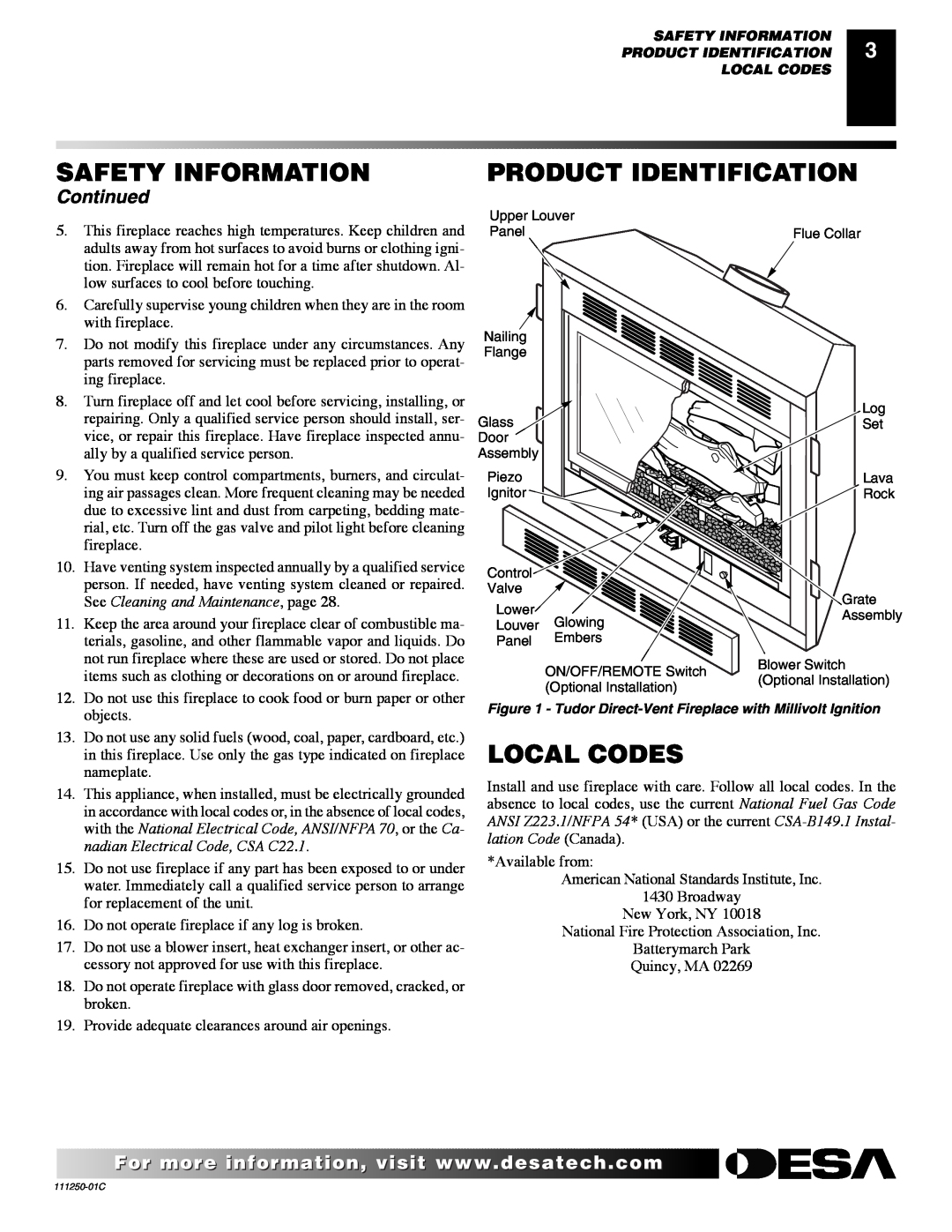 Desa (V)T36NA SERIES Product Identification, Local Codes, Continued, Safety Information, nadian Electrical Code, CSA C22.1 