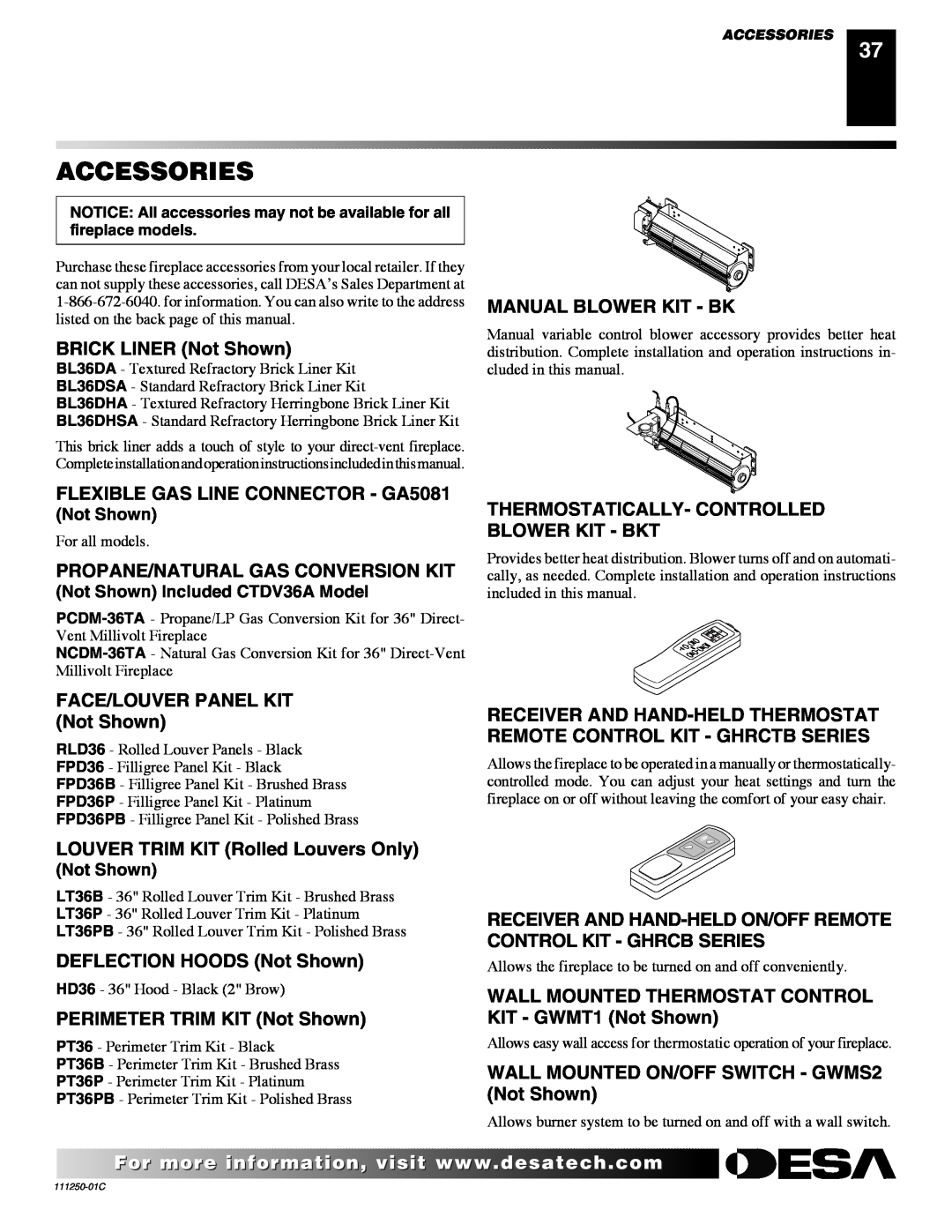 Desa (V)T36NA SERIES Accessories, BRICK LINER Not Shown, FLEXIBLE GAS LINE CONNECTOR - GA5081, Manual Blower Kit - Bk 