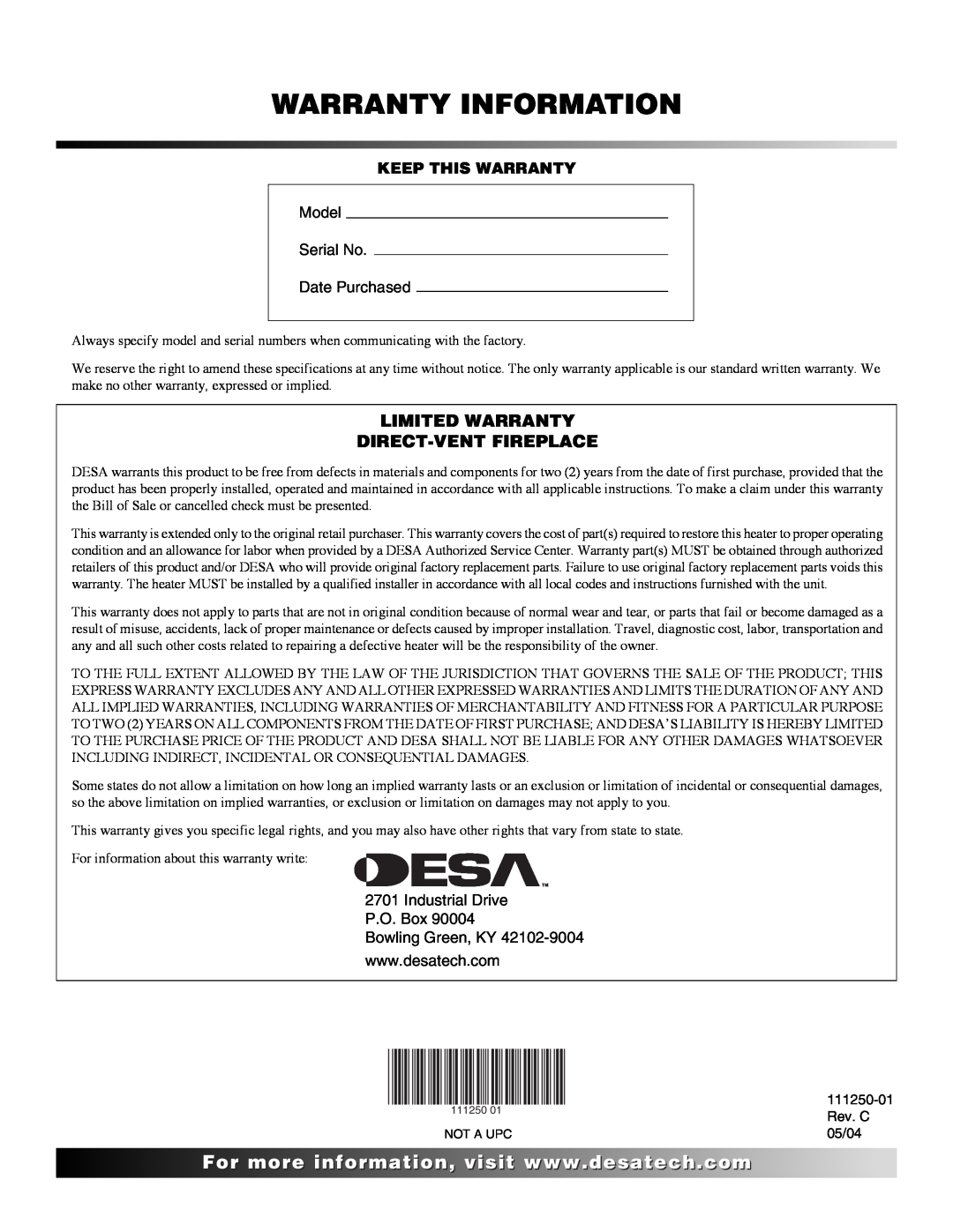 Desa (V)T36NA SERIES installation manual Warranty Information, Limited Warranty Direct-Ventfireplace 