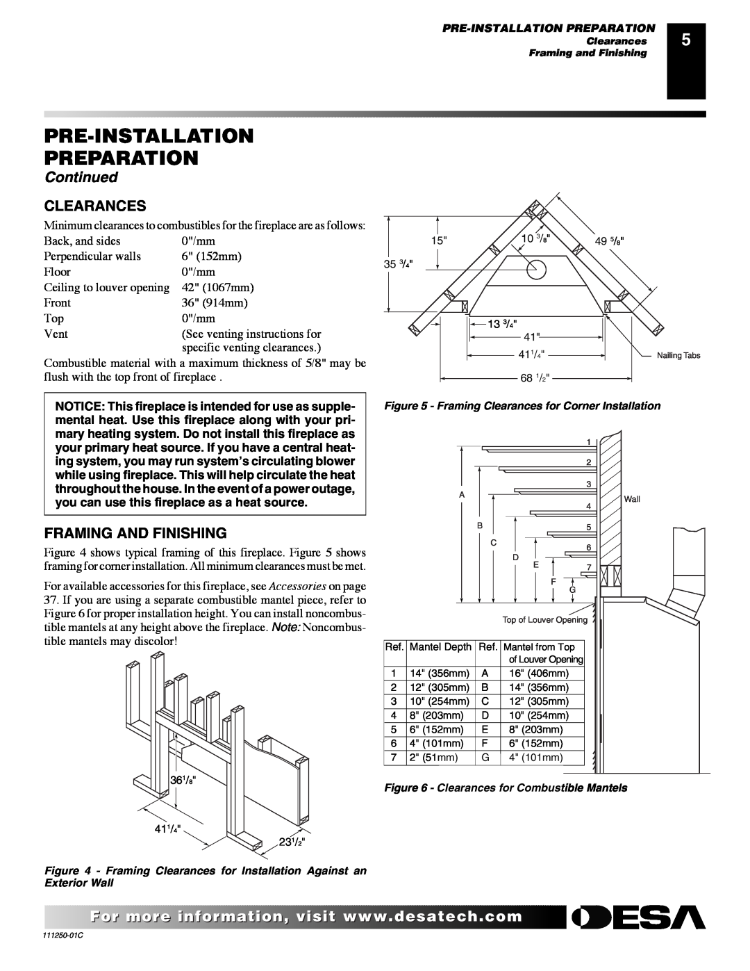 Desa (V)T36NA SERIES installation manual Clearances, Framing And Finishing, Pre-Installation Preparation, Continued 