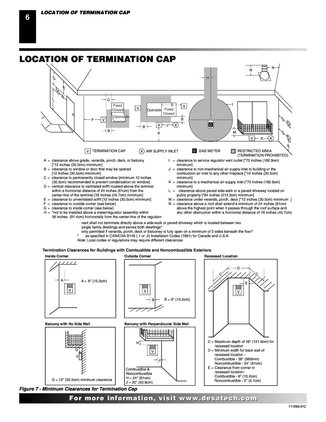 Desa (V)T36NA SERIES Location Of Termination Cap, D E B L, V G V A, Minimum Clearances for Termination Cap, Inside Corner 