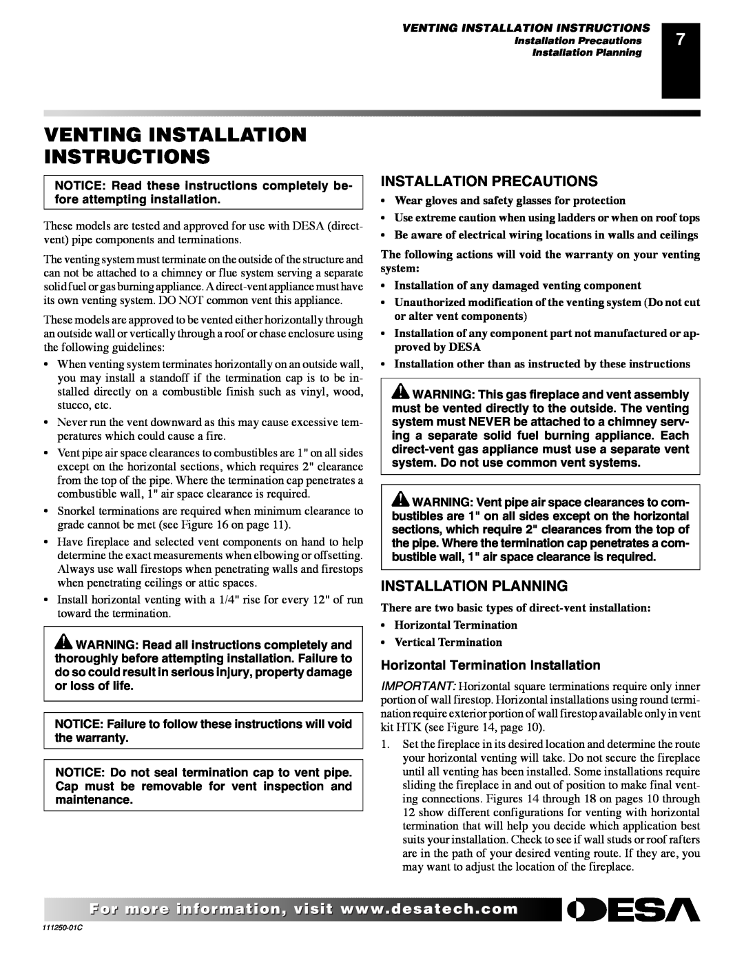 Desa (V)T36NA SERIES installation manual Venting Installation Instructions, Installation Precautions, Installation Planning 