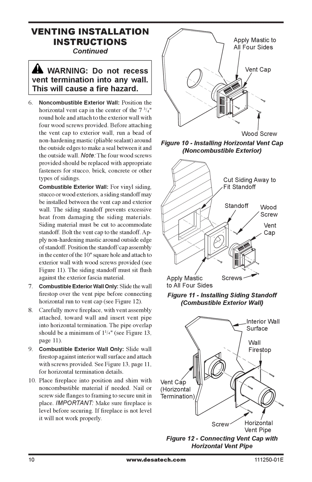 Desa (V)T36NA installation manual Installing Horizontal Vent Cap Noncombustible Exterior 