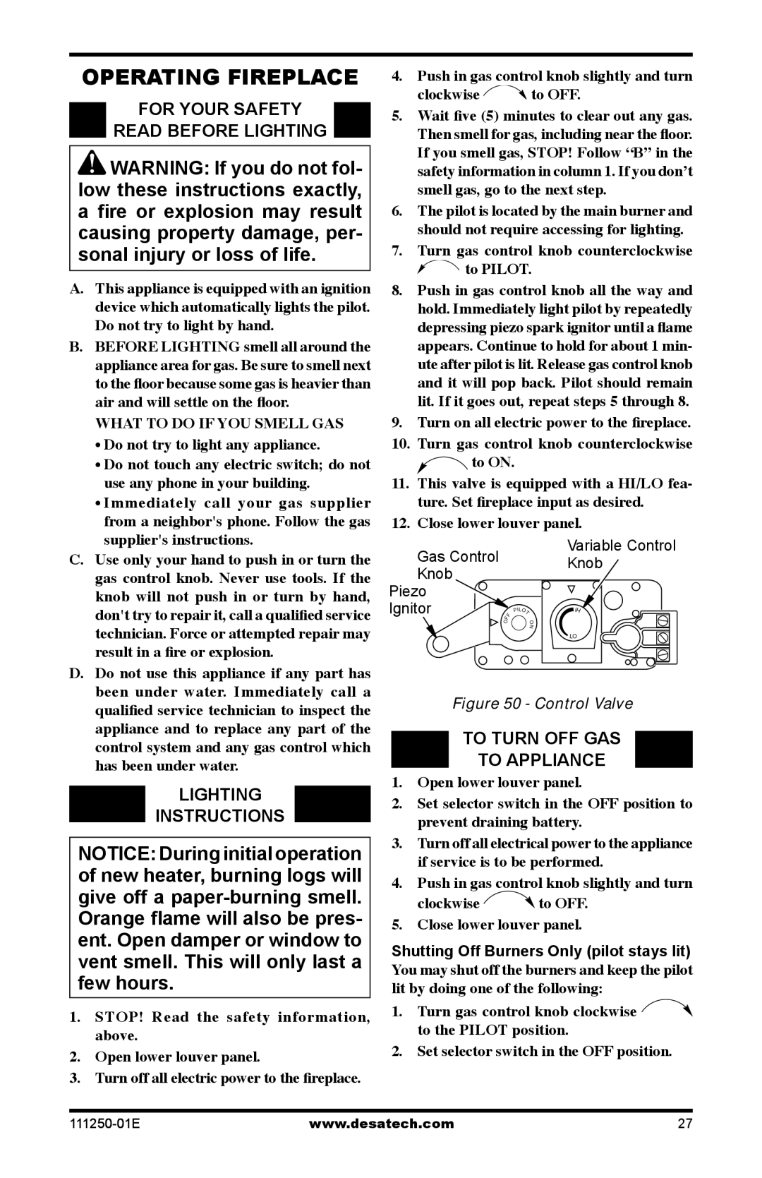 Desa (V)T36NA installation manual Operating Fireplace, For your safety Read before lighting, Lighting Instructions 