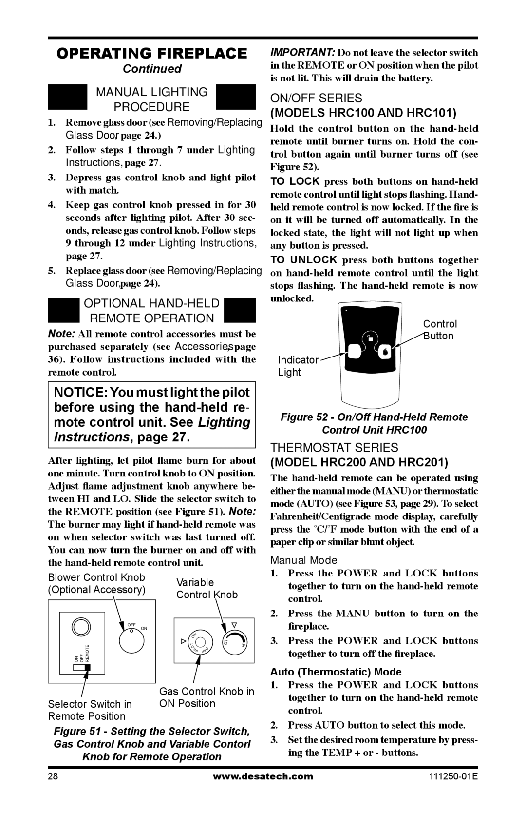 Desa (V)T36NA Manual Lighting Procedure, Optional Hand-Held, On/Off Series Models HRC100 and HRC101, Remote Operation 