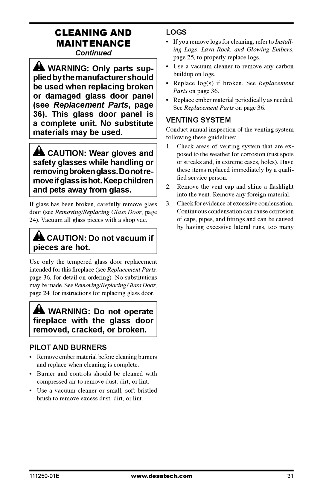 Desa (V)T36NA installation manual Pilot and burners, Logs, Venting system 