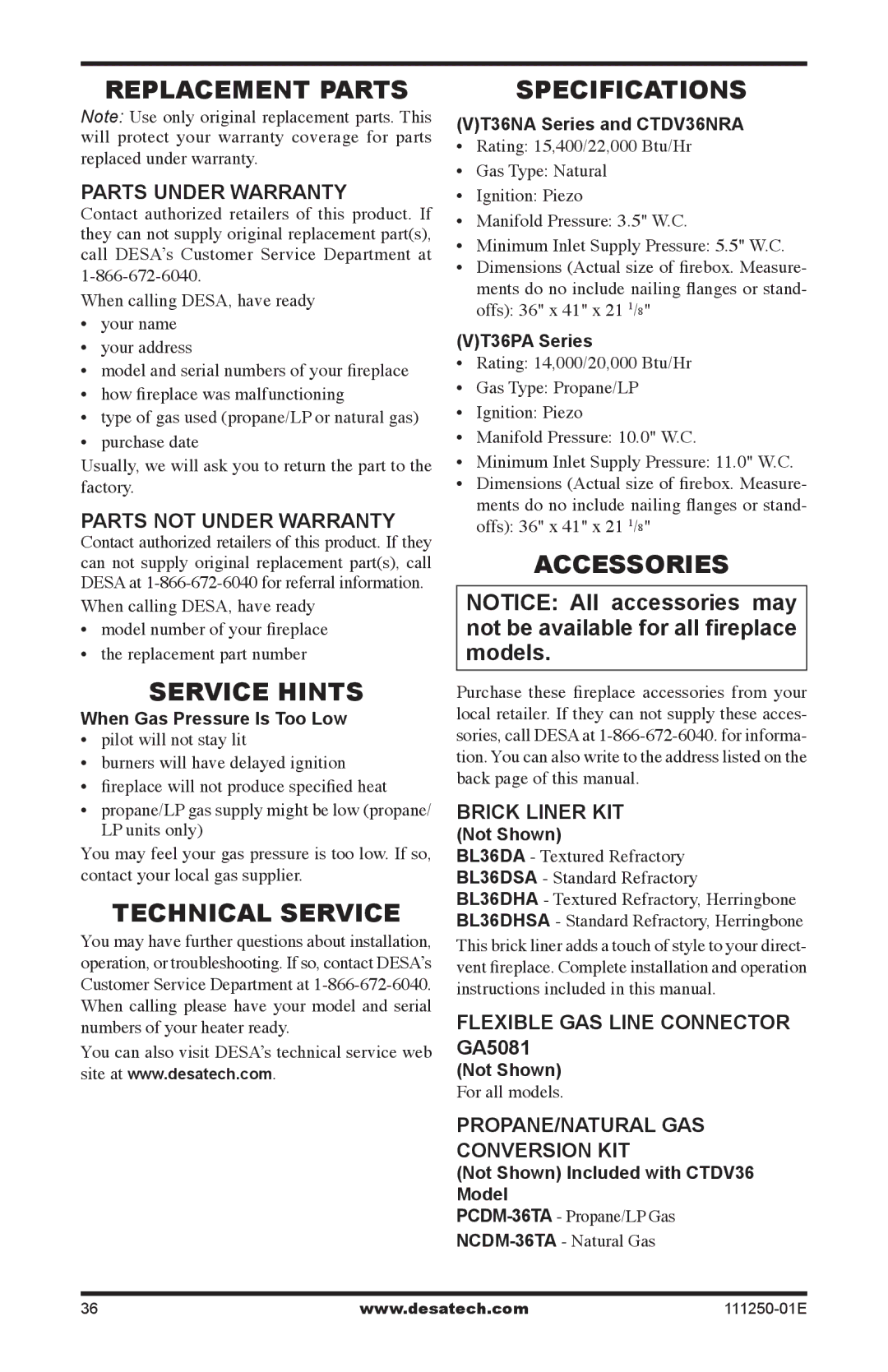 Desa (V)T36NA installation manual Replacement Parts, Service Hints, Technical Service, Specifications, Accessories 