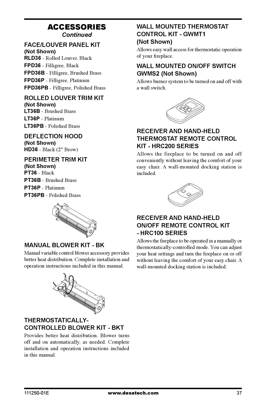 Desa (V)T36NA Face/Louver Panel kit, Rolled Louver Trim kit, Deflection hood, Perimeter Trim kit, Manual blower Kit BK 