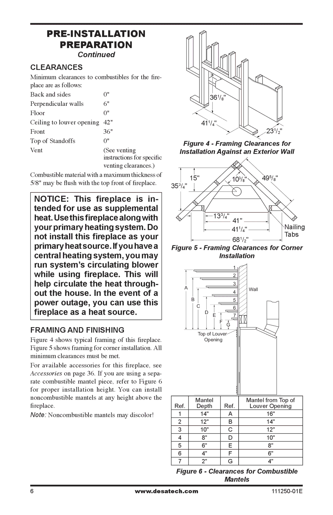 Desa (V)T36NA Clearances, Framing and finishing, Front Top of Standoffs Vent See venting, Venting clearances 