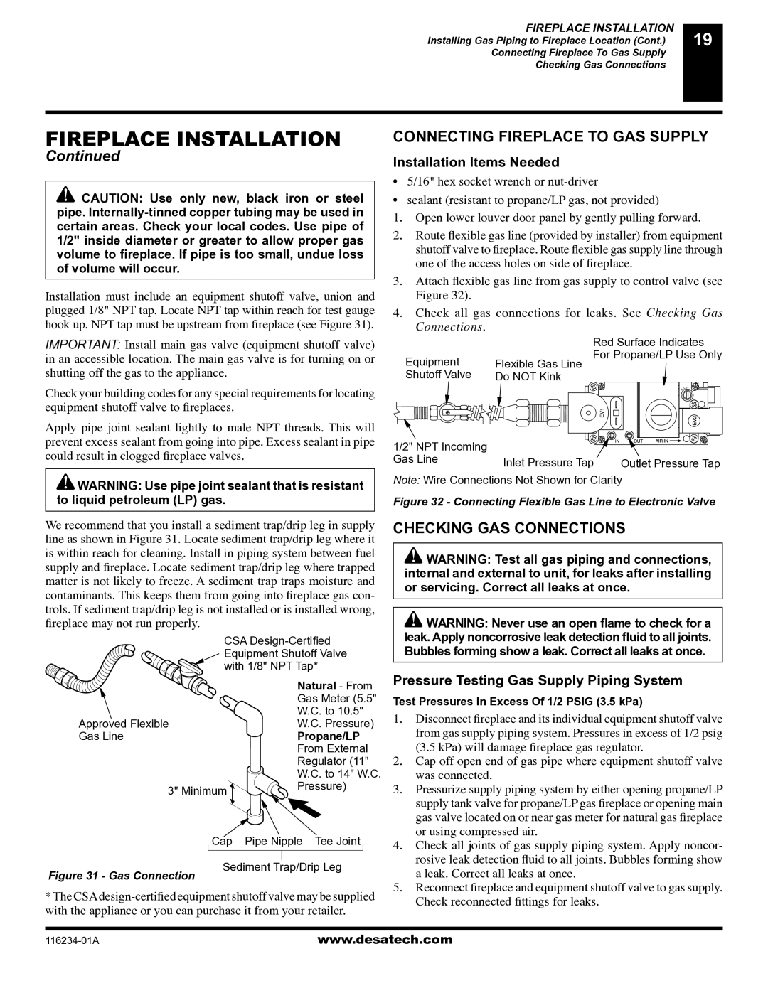 Desa (V)TC36NE Series, (V)TC36GPE Series installation manual Connecting Fireplace to GAS Supply, Checking GAS Connections 