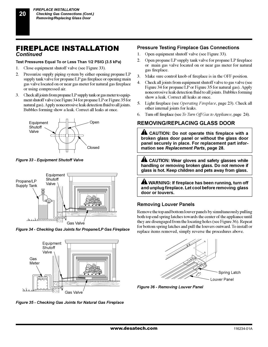 Desa (V)TC36NE Series, (V)TC36GPE Series REMOVING/REPLACING Glass Door, Pressure Testing Fireplace Gas Connections 