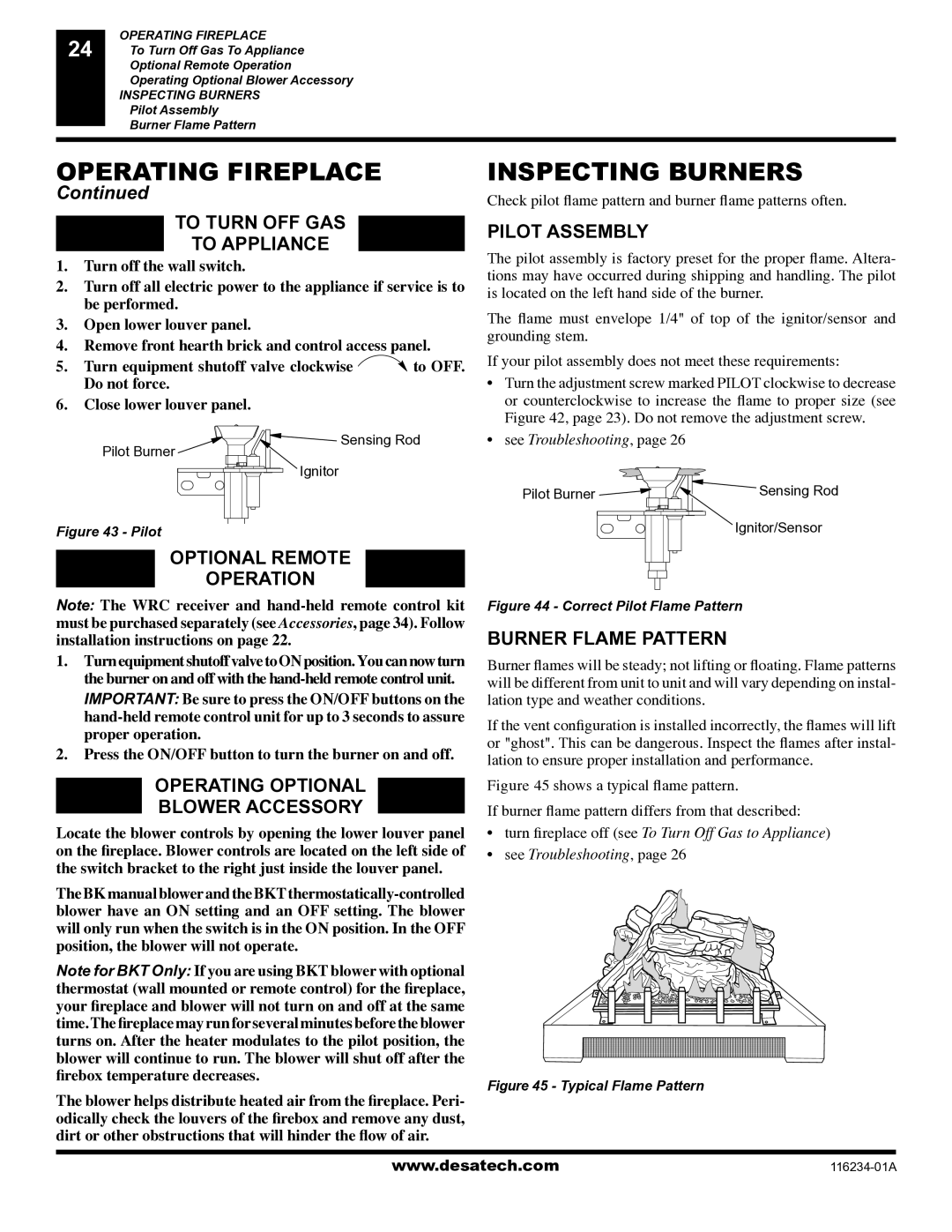 Desa (V)TC36NE Series, (V)TC36GPE Series To Turn OFF GAS To Appliance, Optional Remote, Operation, Burner Flame Pattern 