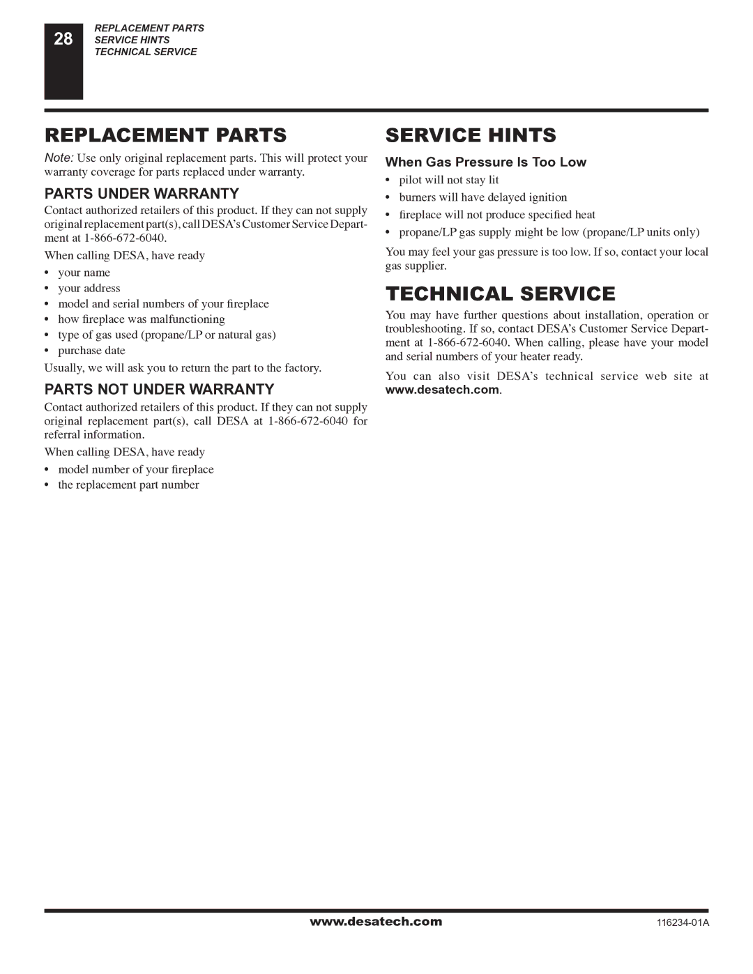 Desa (V)TC36NE Series, (V)TC36GPE Series Replacement Parts, Service Hints, Technical Service, Parts Under Warranty 